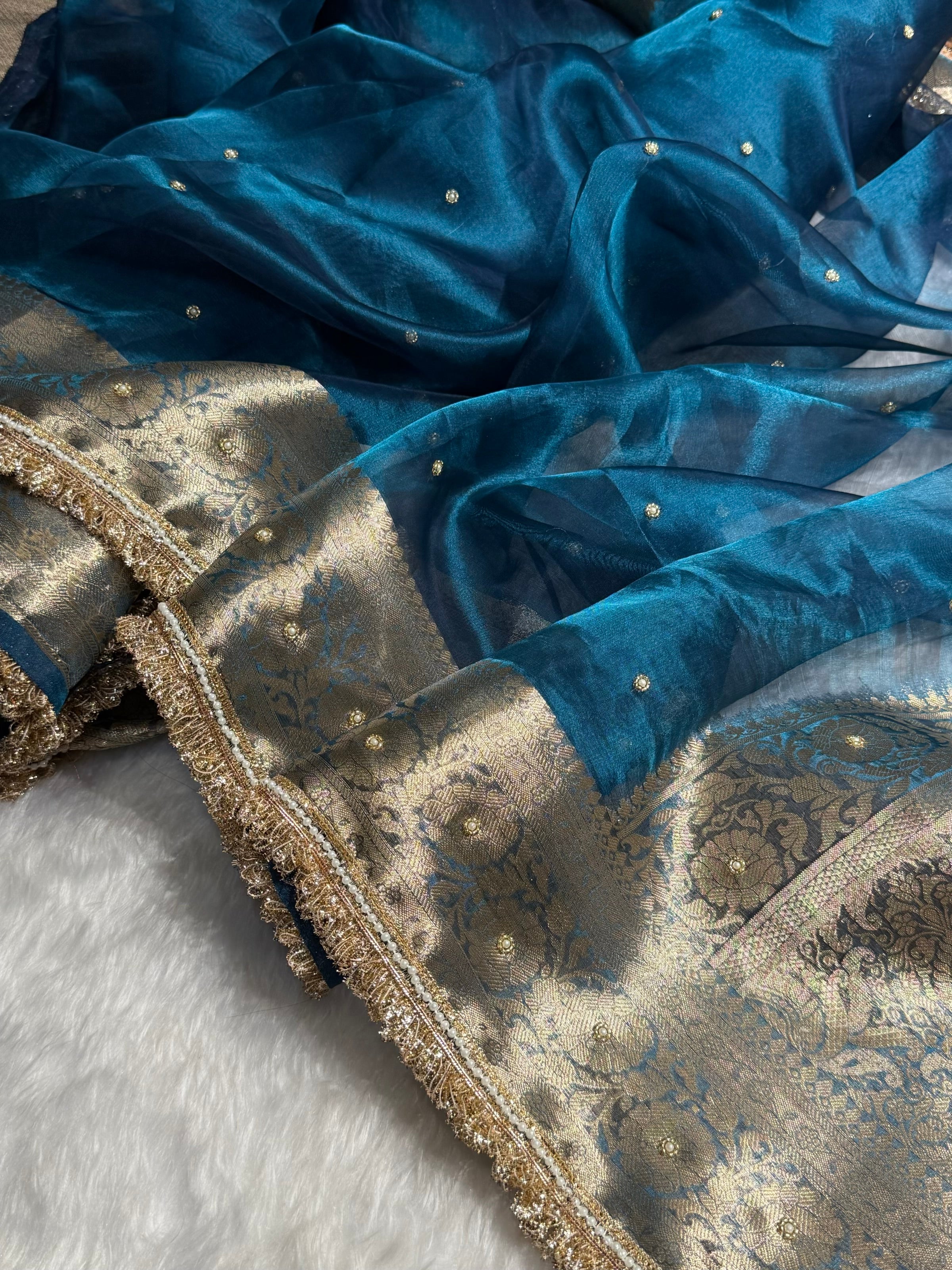 Bottle Blue Shade Pure Tissue Silk Saree with Gota Patti