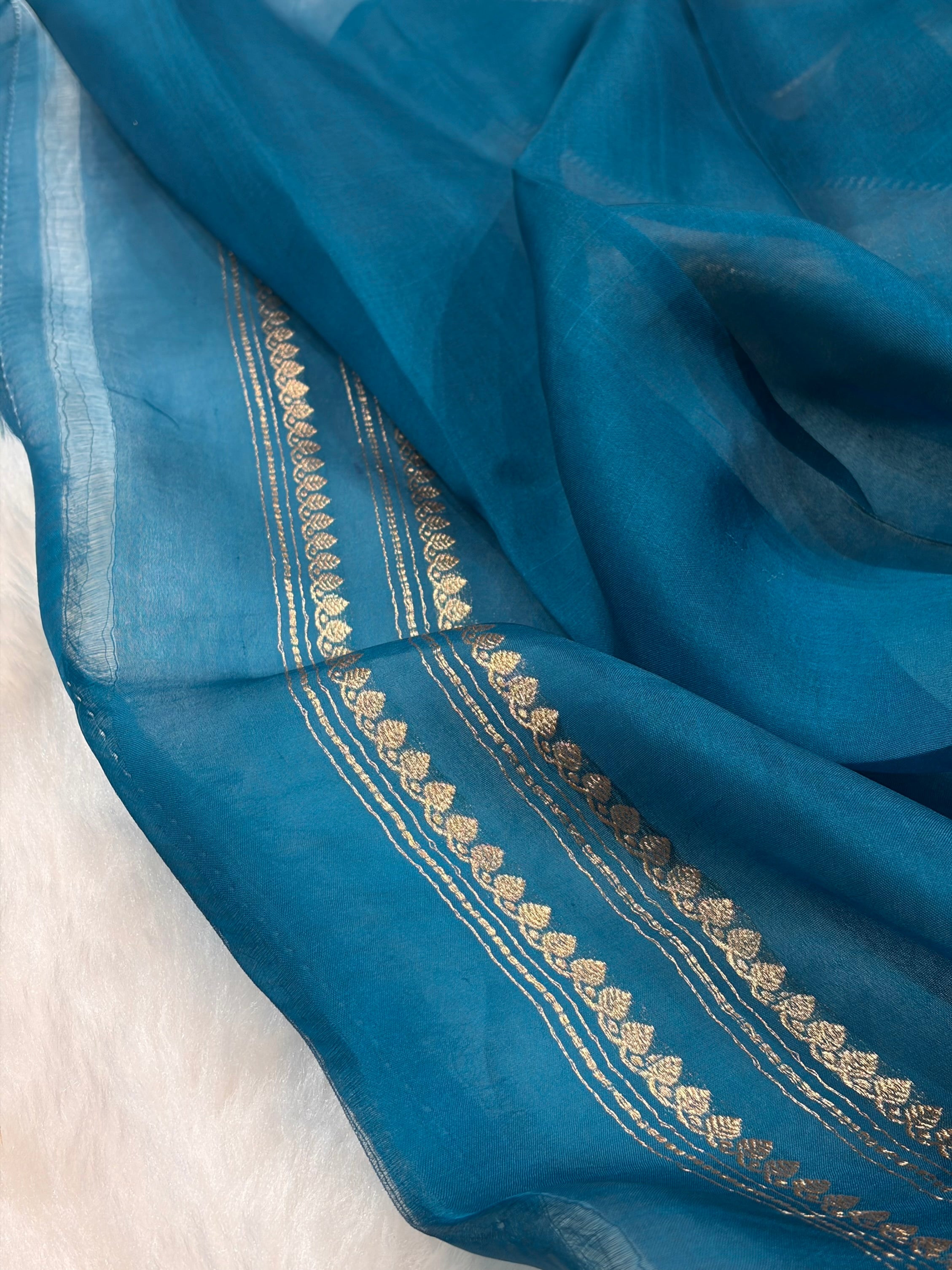German Blue Tissue Organza Bananasi Floral Shades Pure Tissue Silk Saree