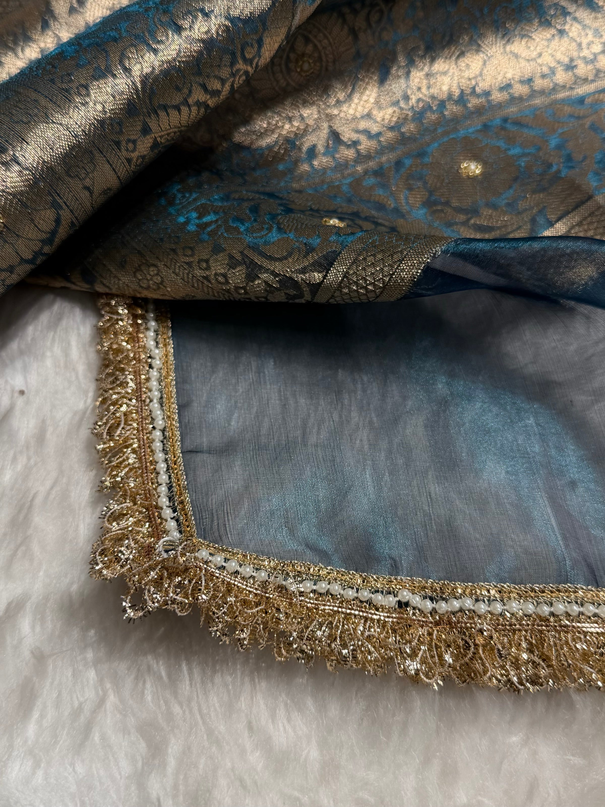 Bottle Blue Shade Pure Tissue Silk Saree with Gota Patti