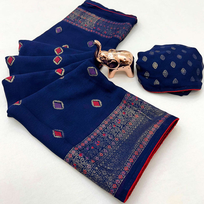 Blue Viscose Saree with Foil Geometric Prints