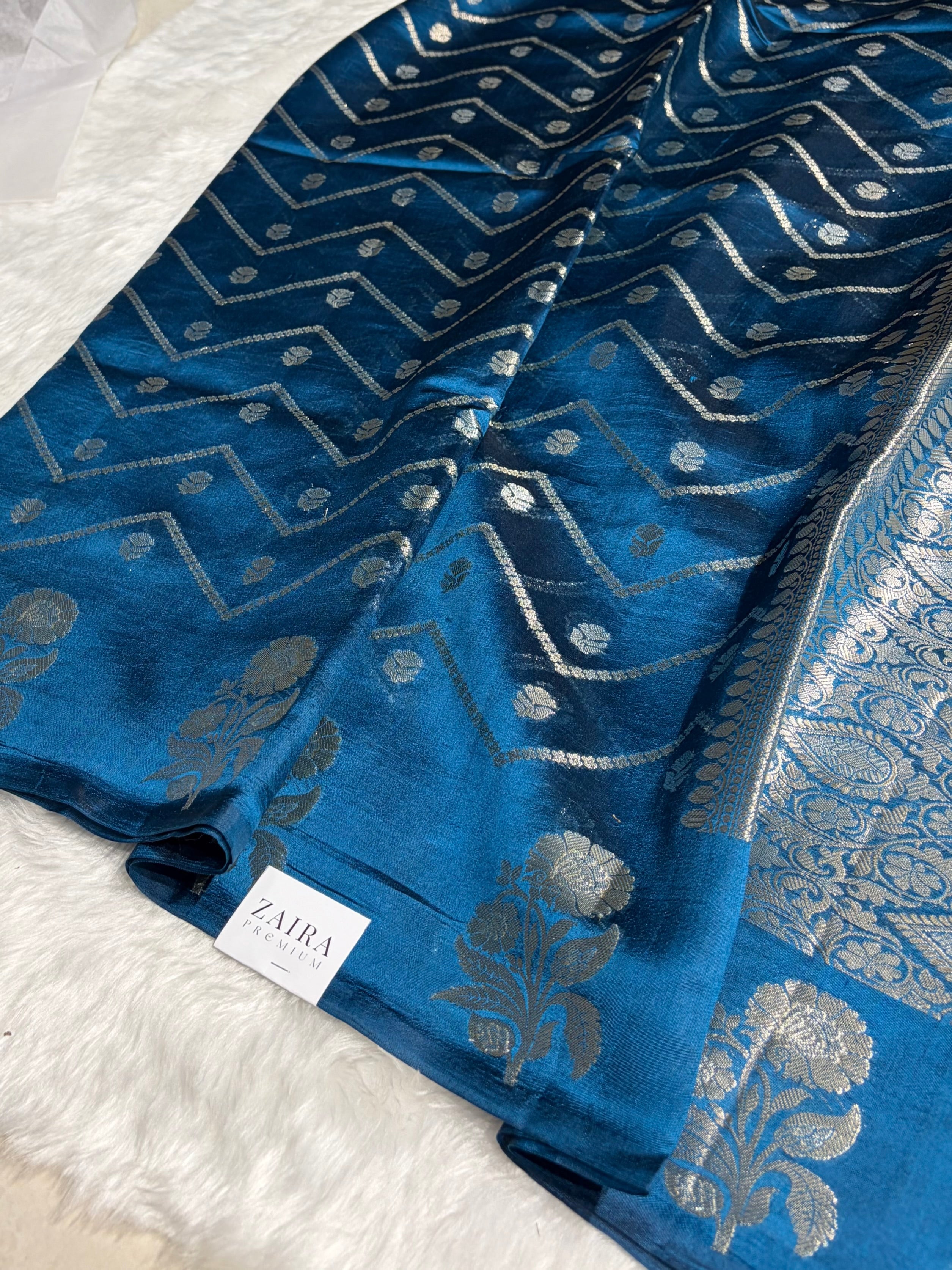 German Blue Boota Caramel Silk Saree