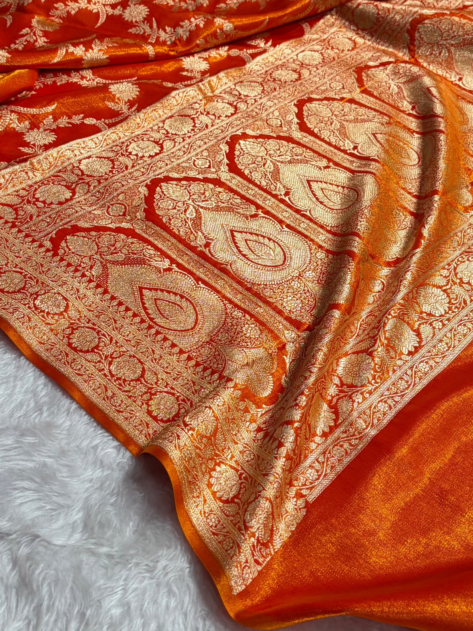 Satin Silk Banarasi Jaal In Fire Gold Shades