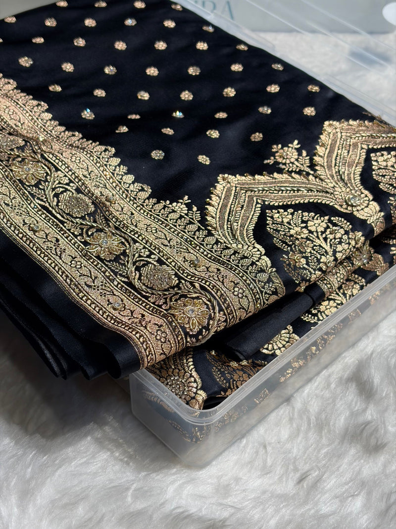 Banarasi Black Katan Silk Saree With Ari Zardozi and Swarovski stone work