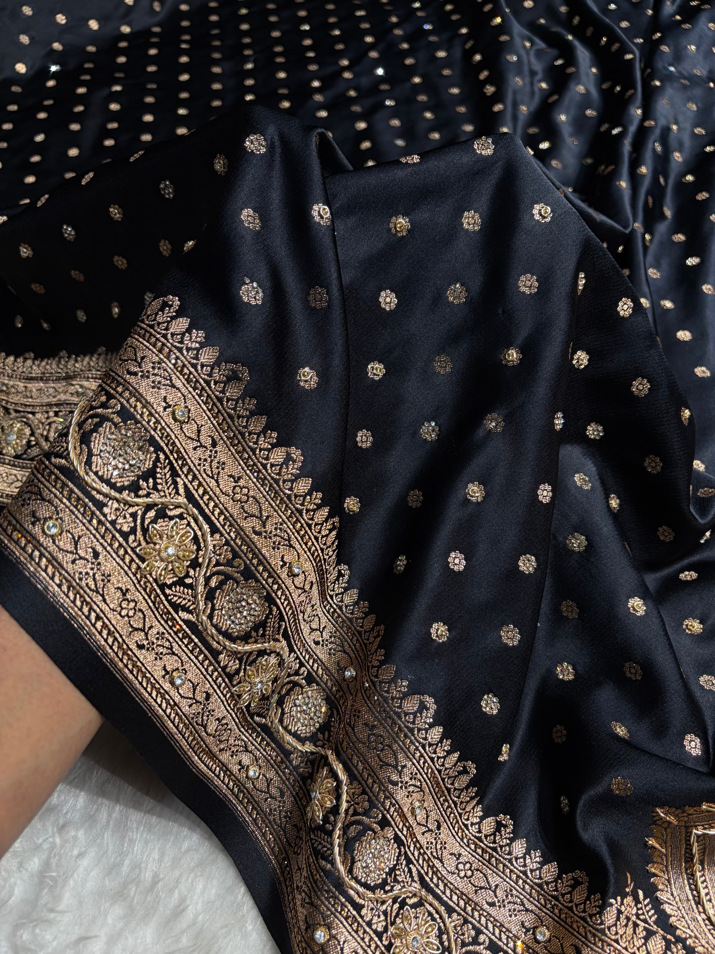 Banarasi Black Katan Silk Saree With Ari Zardozi and Swarovski stone work