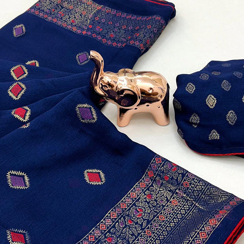 Blue Viscose Saree with Foil Geometric Prints