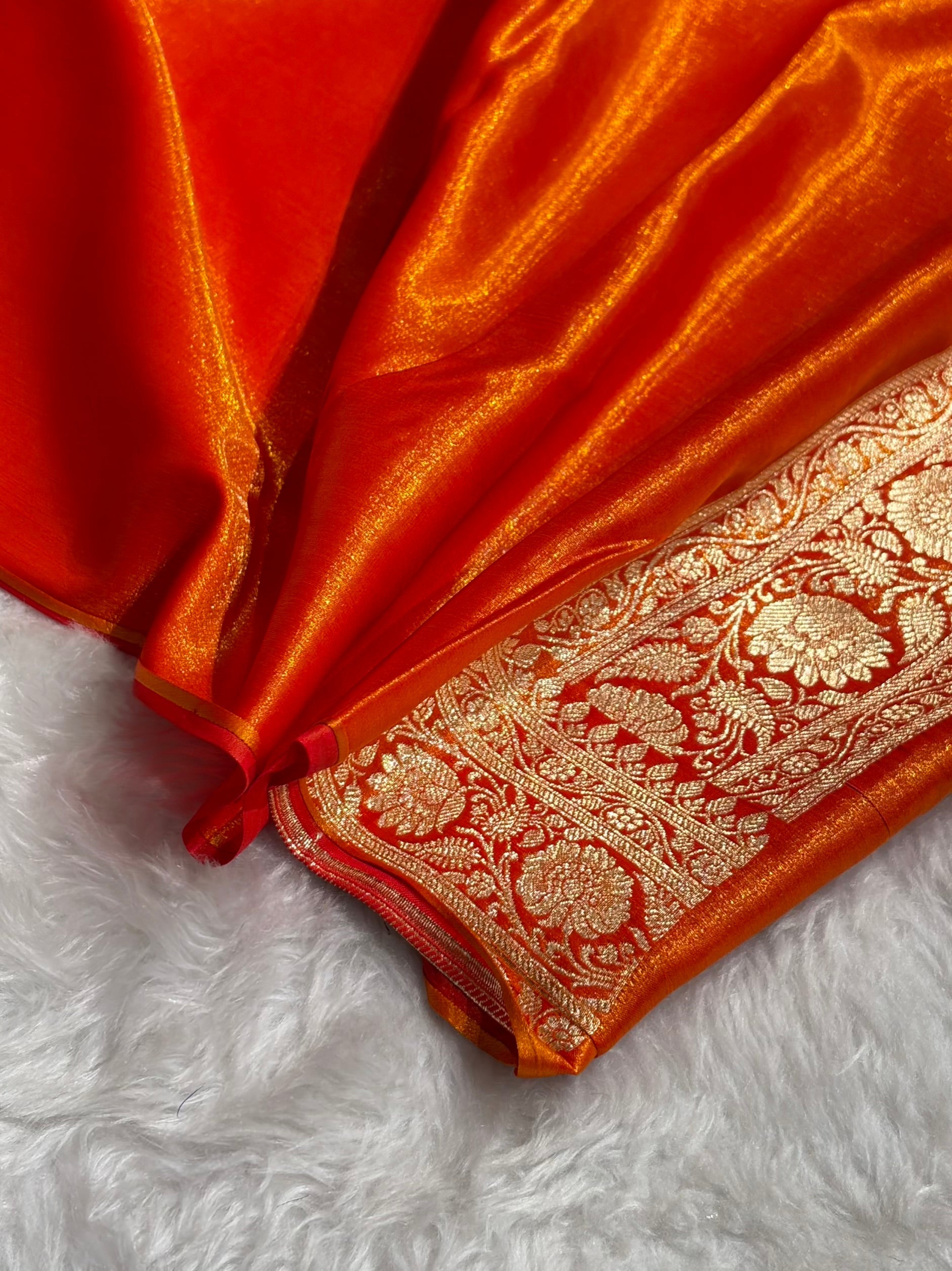 Satin Silk Banarasi Jaal In Fire Gold Shades