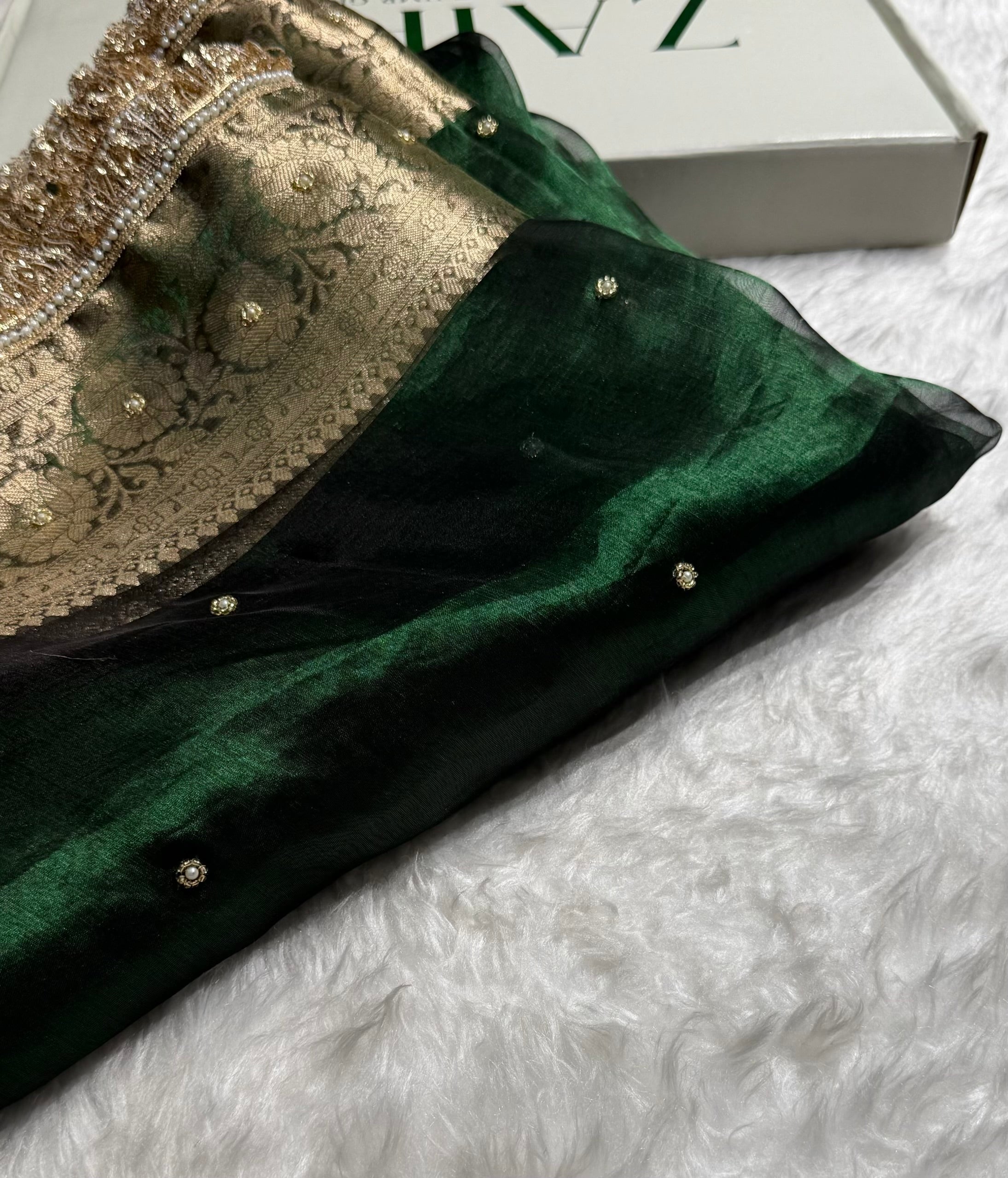 Bottle Green Shade Pure Tissue Silk Saree with Gota Patti