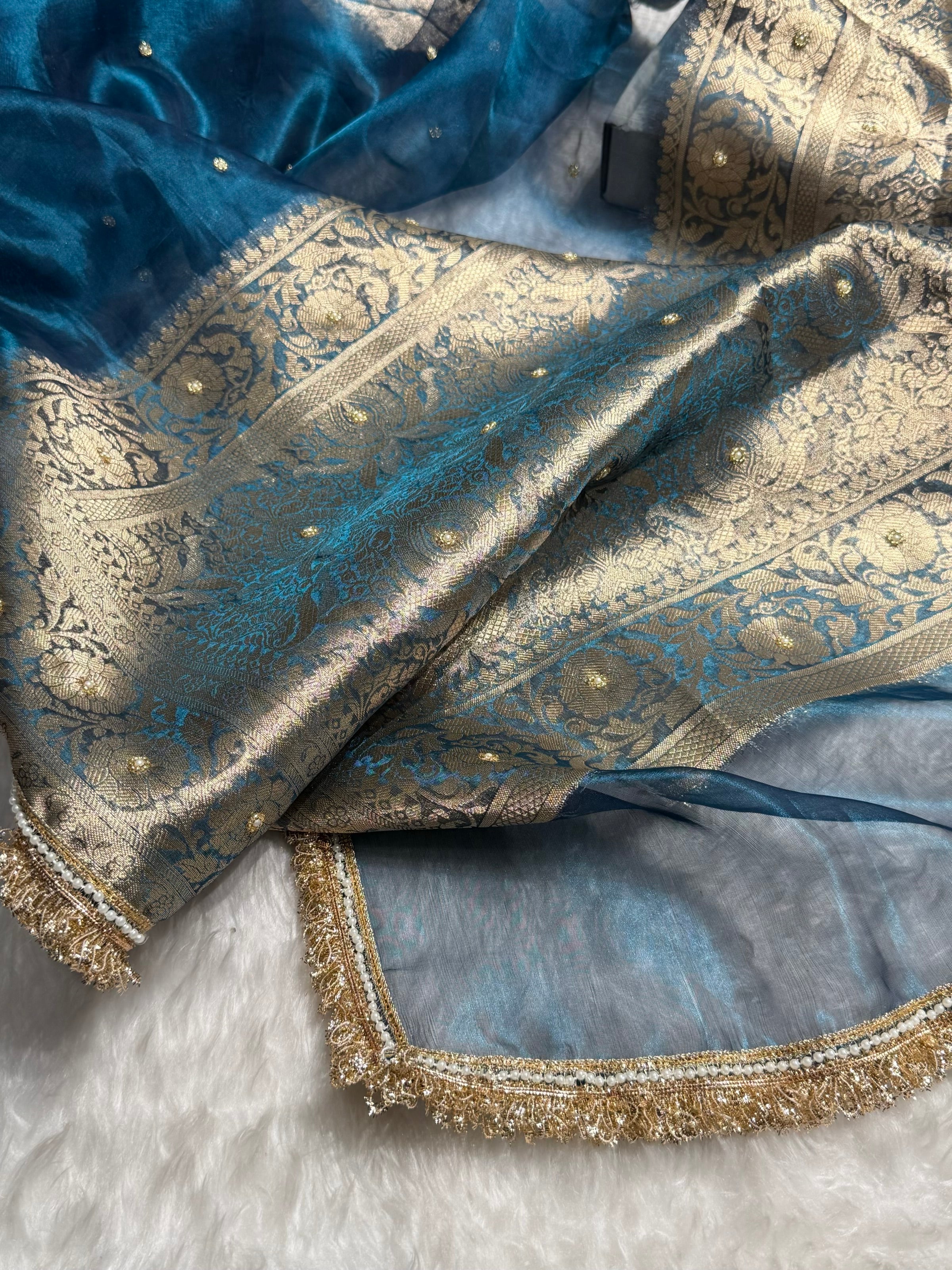 Bottle Blue Shade Pure Tissue Silk Saree with Gota Patti