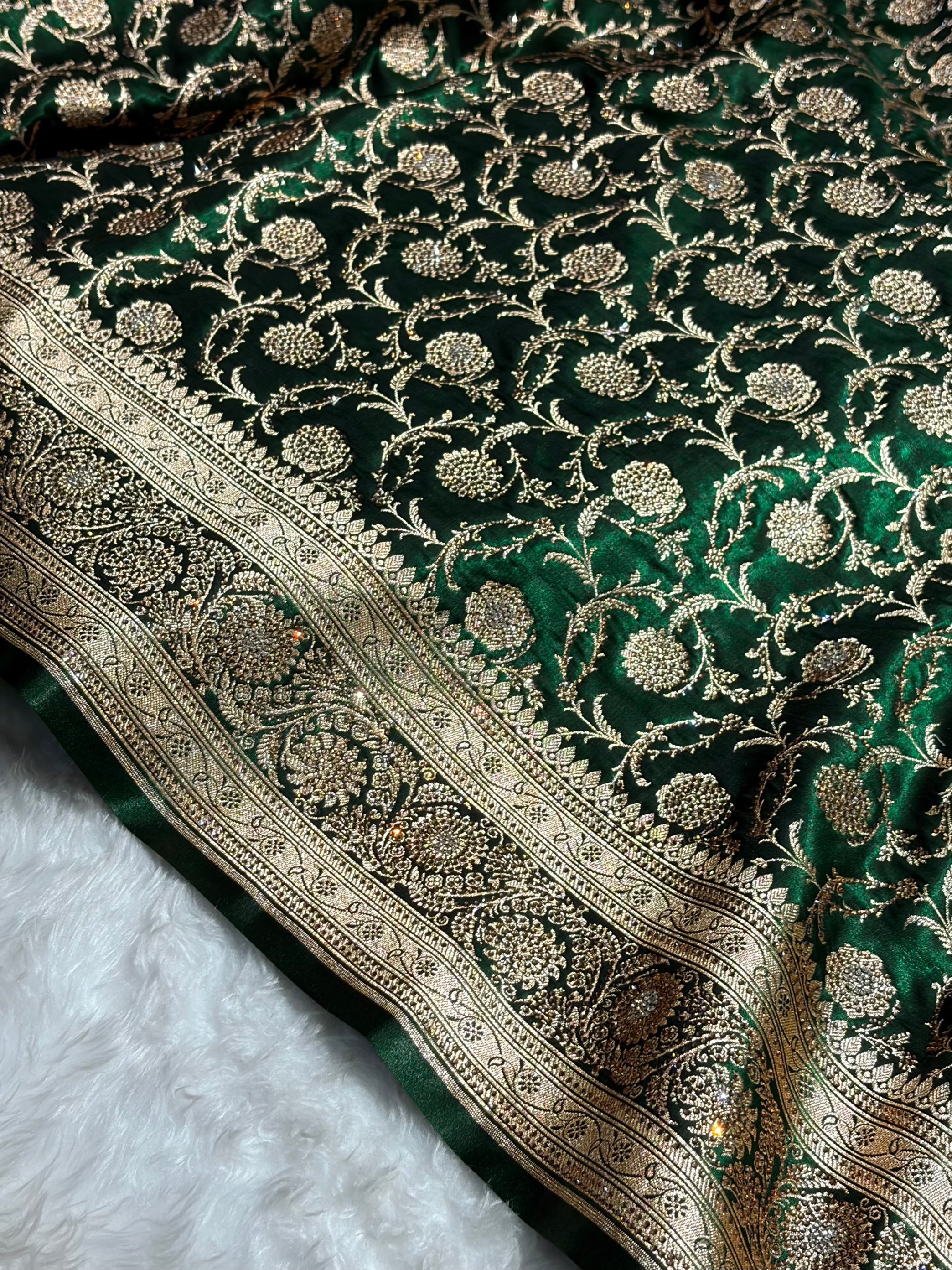 Banarasi Bridal Bottle Green Jaal with Swarovski Stone