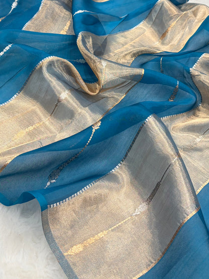 German Blue Tissue Organza Bananasi Floral Shades Pure Tissue Silk Saree