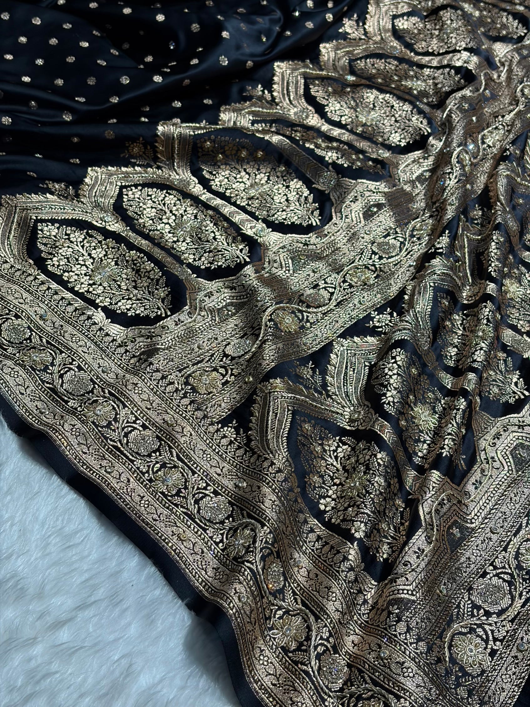 Banarasi Black Katan Silk Saree With Ari Zardozi and Swarovski stone work