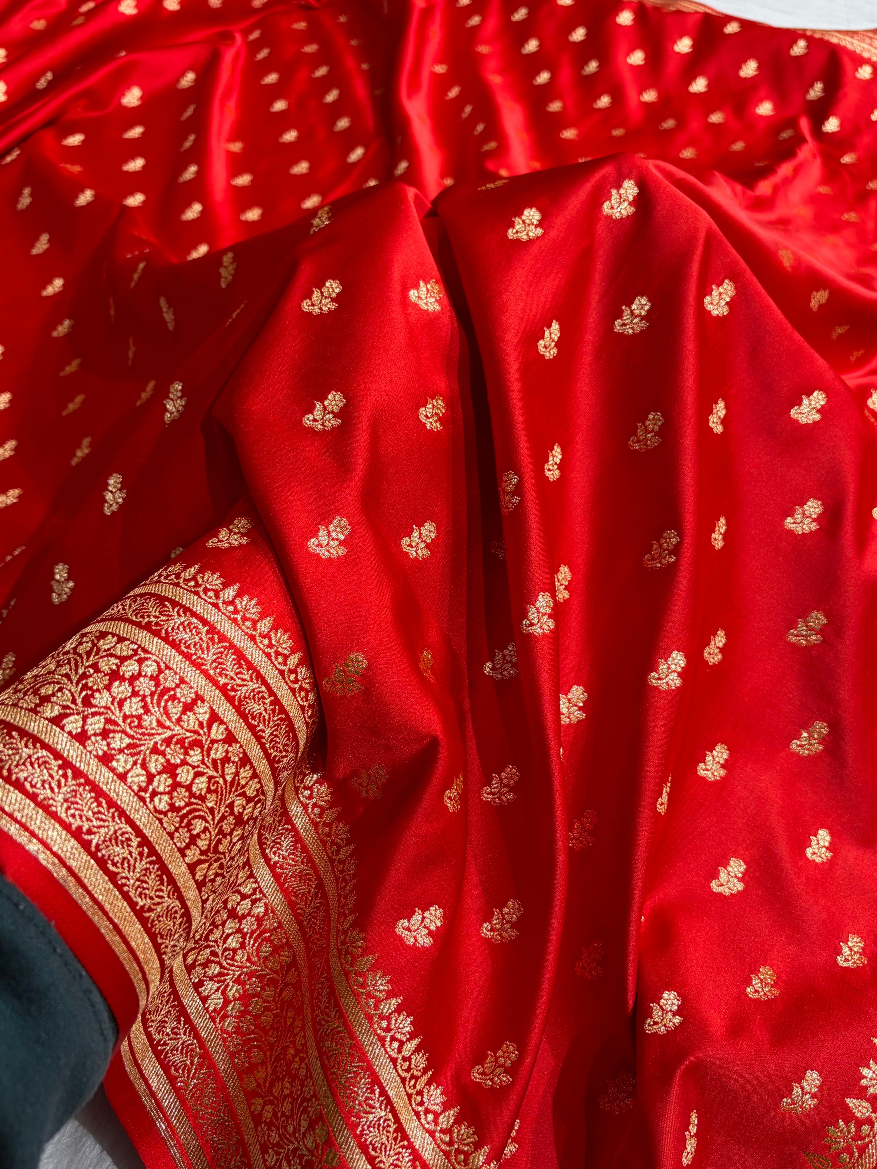 Banarasi  Satin Katan Saree With Boota in Red Shades