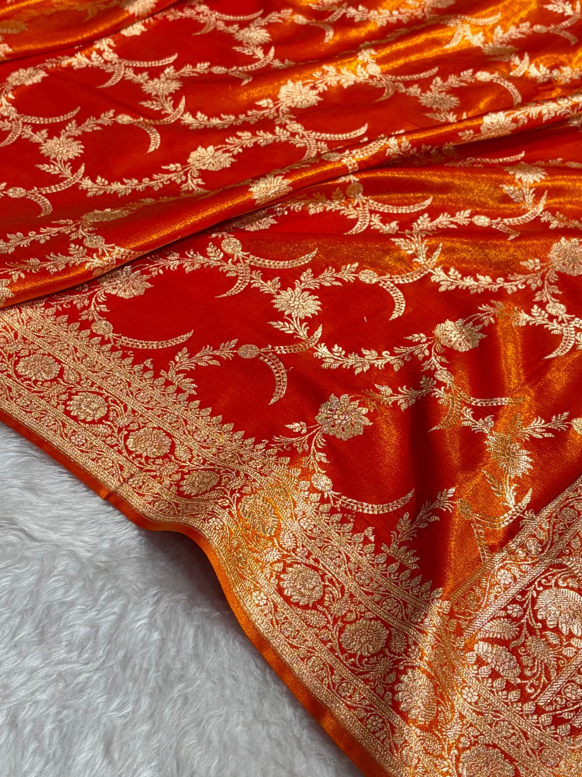 Satin Silk Banarasi Jaal In Fire Gold Shades