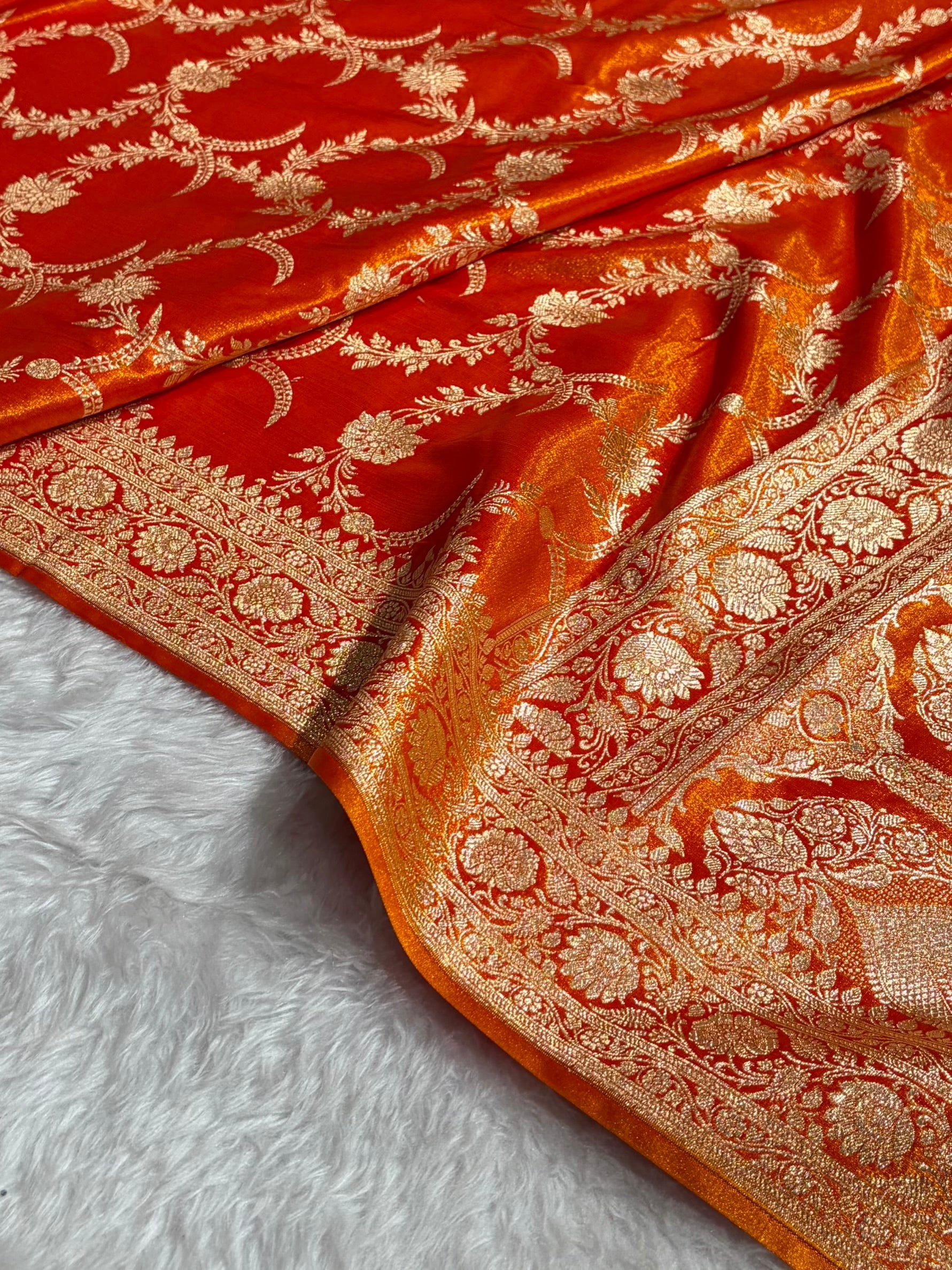 Satin Silk Banarasi Jaal In Fire Gold Shades