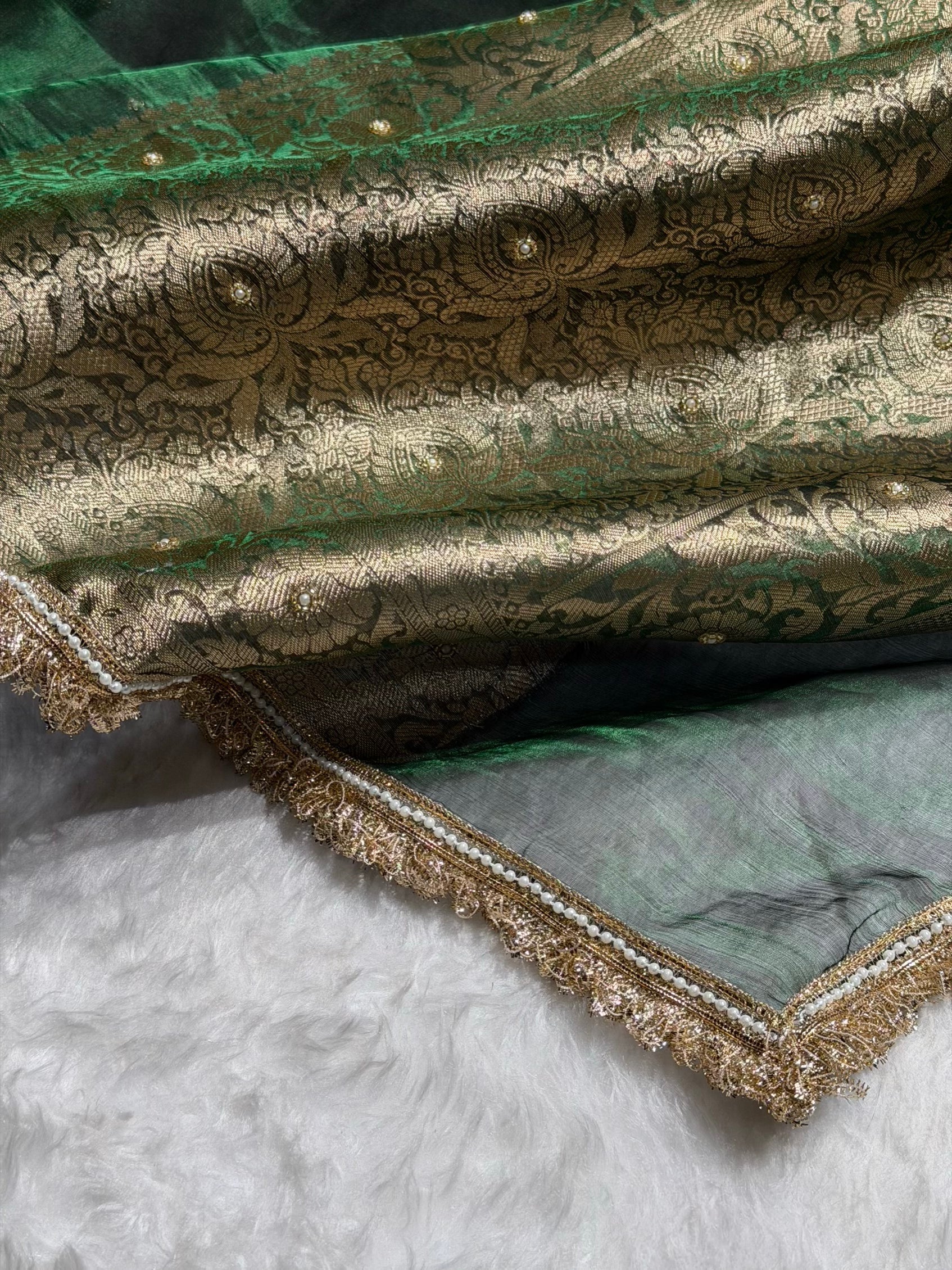 Bottle Green Shade Pure Tissue Silk Saree with Gota Patti