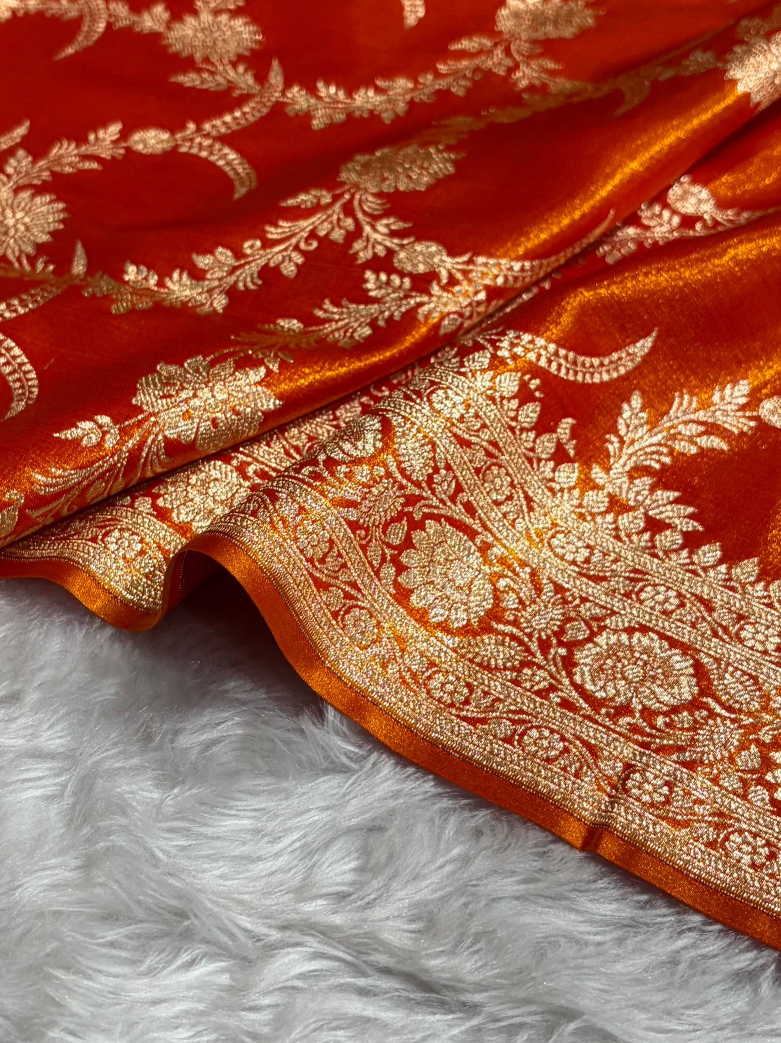Satin Silk Banarasi Jaal In Fire Gold Shades