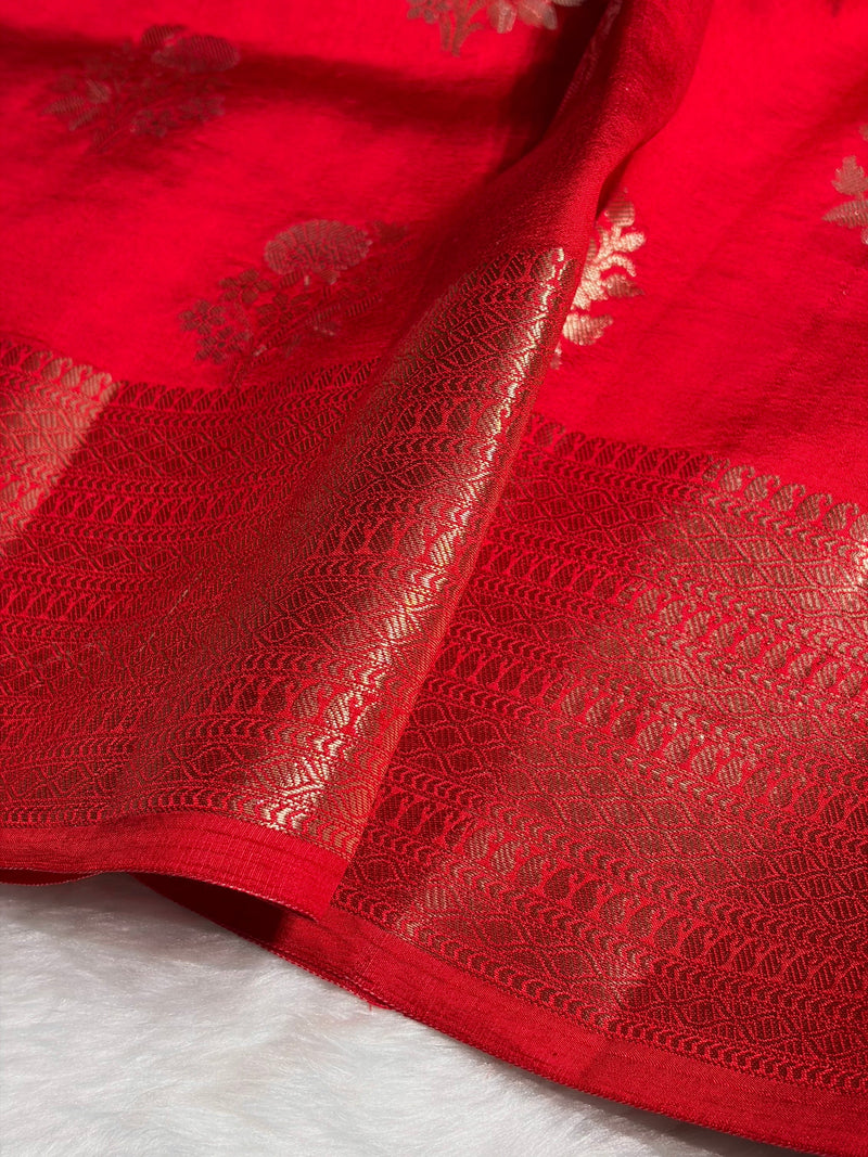 Red Flower Booti Pure Caramel Silk Saree