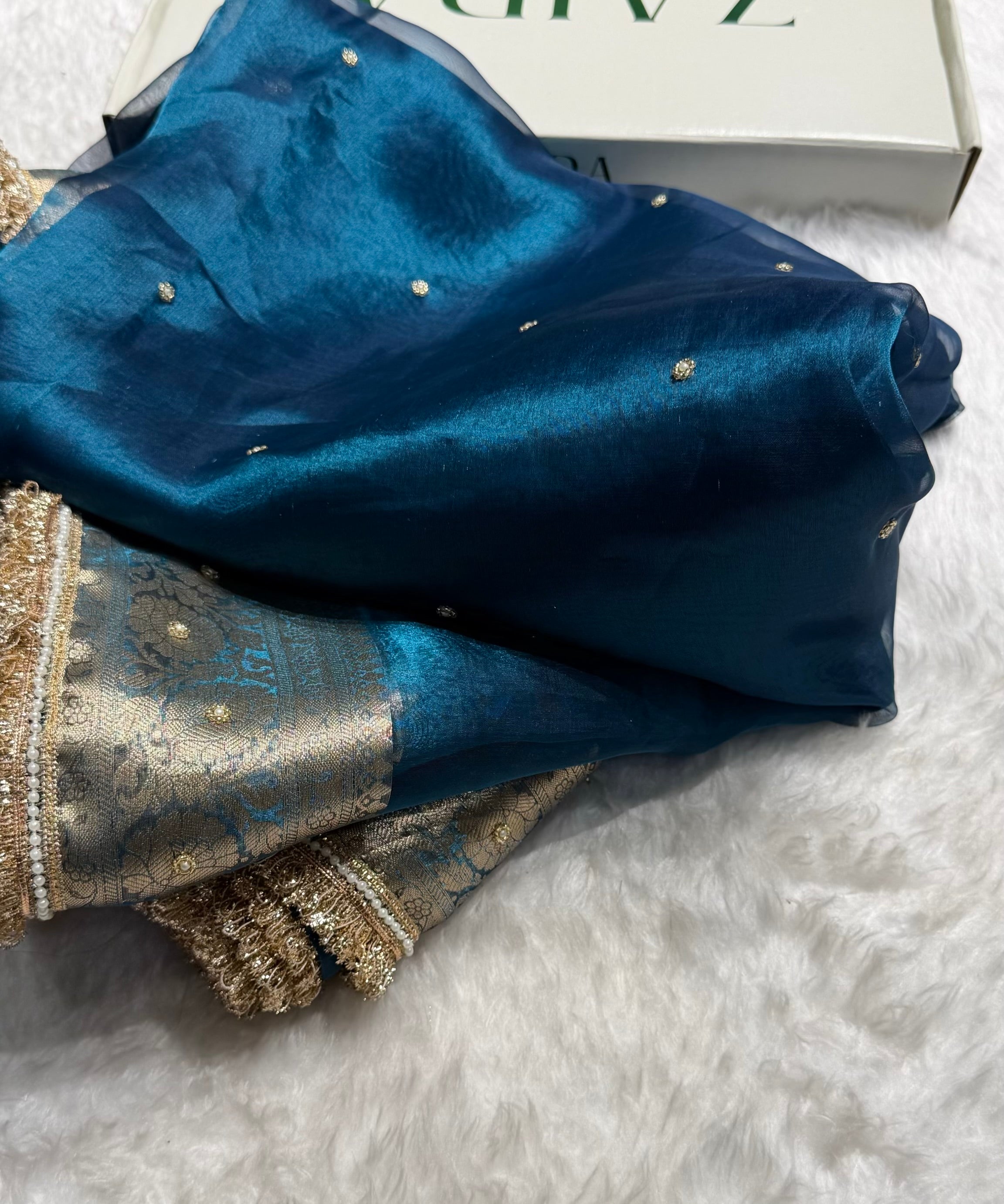 Bottle Blue Shade Pure Tissue Silk Saree with Gota Patti