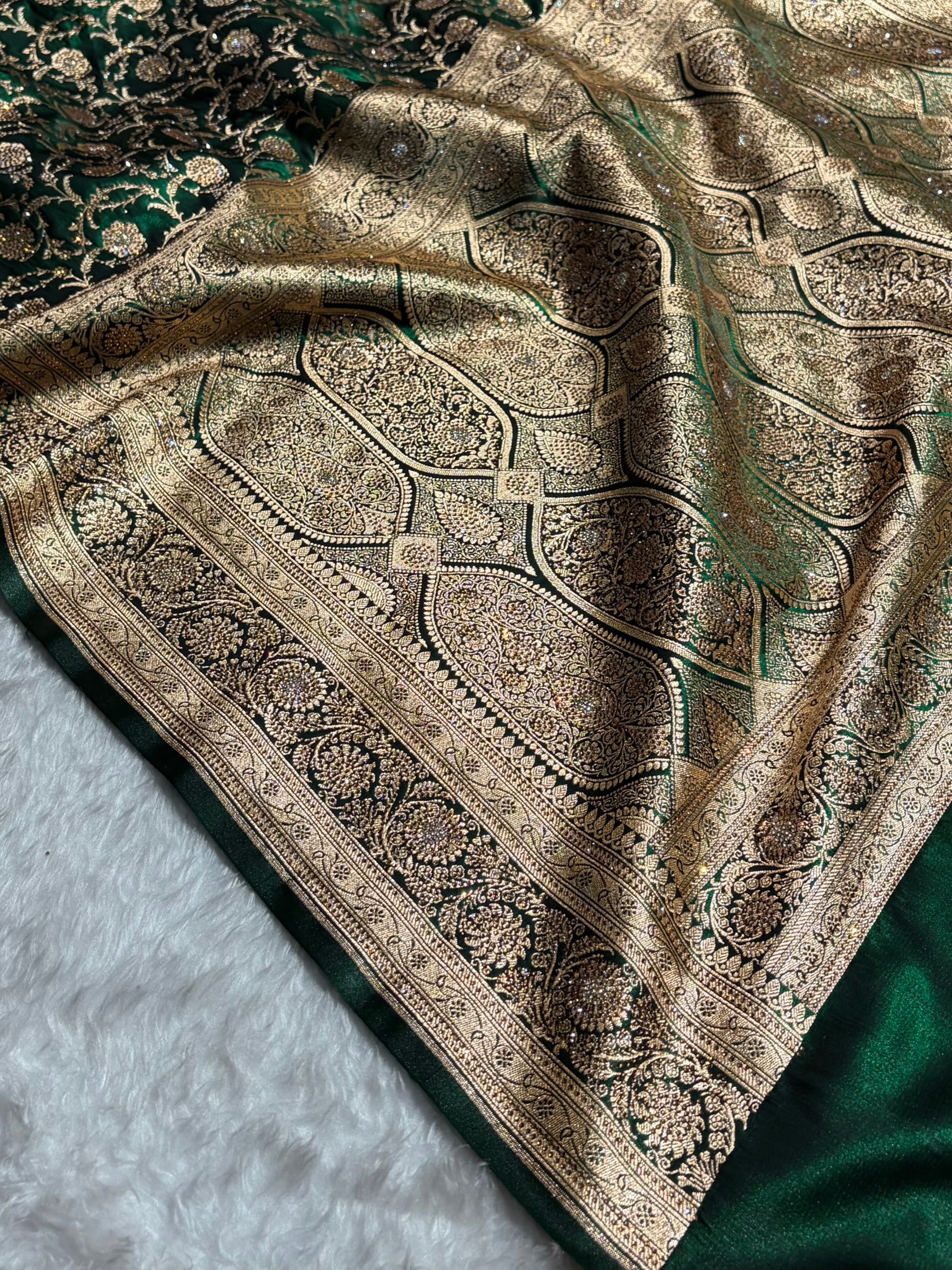 Banarasi Bridal Bottle Green Jaal with Swarovski Stone