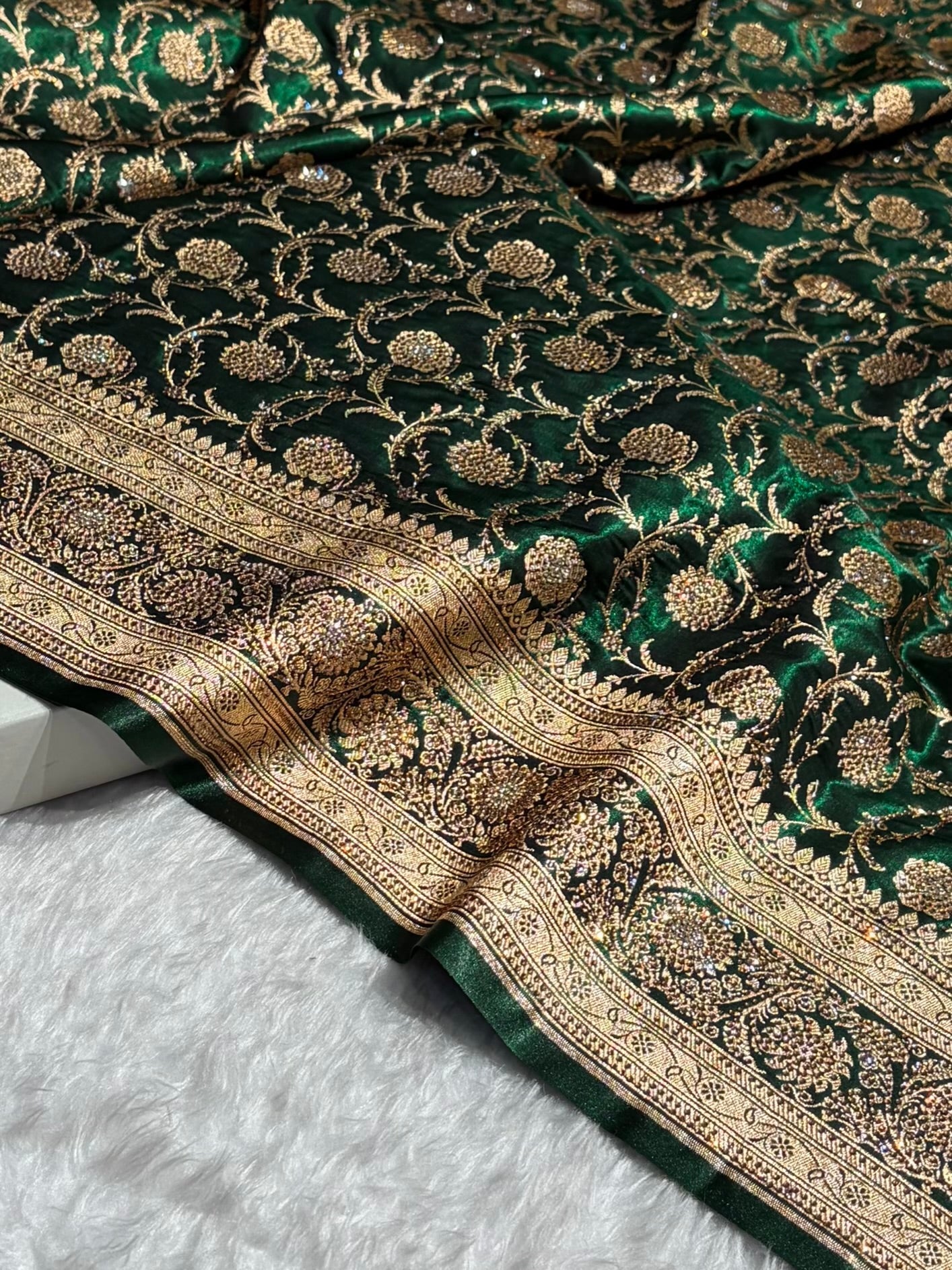 Banarasi Bridal Bottle Green Jaal with Swarovski Stone