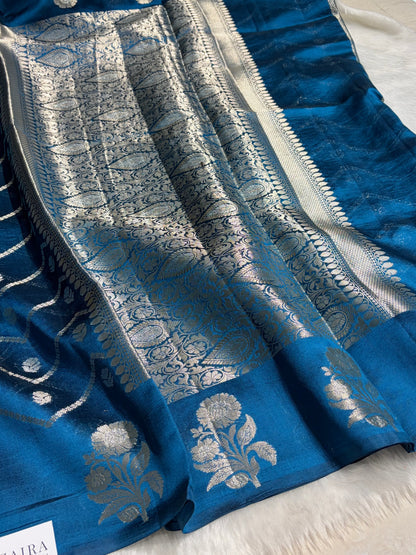 German Blue Boota Caramel Silk Saree