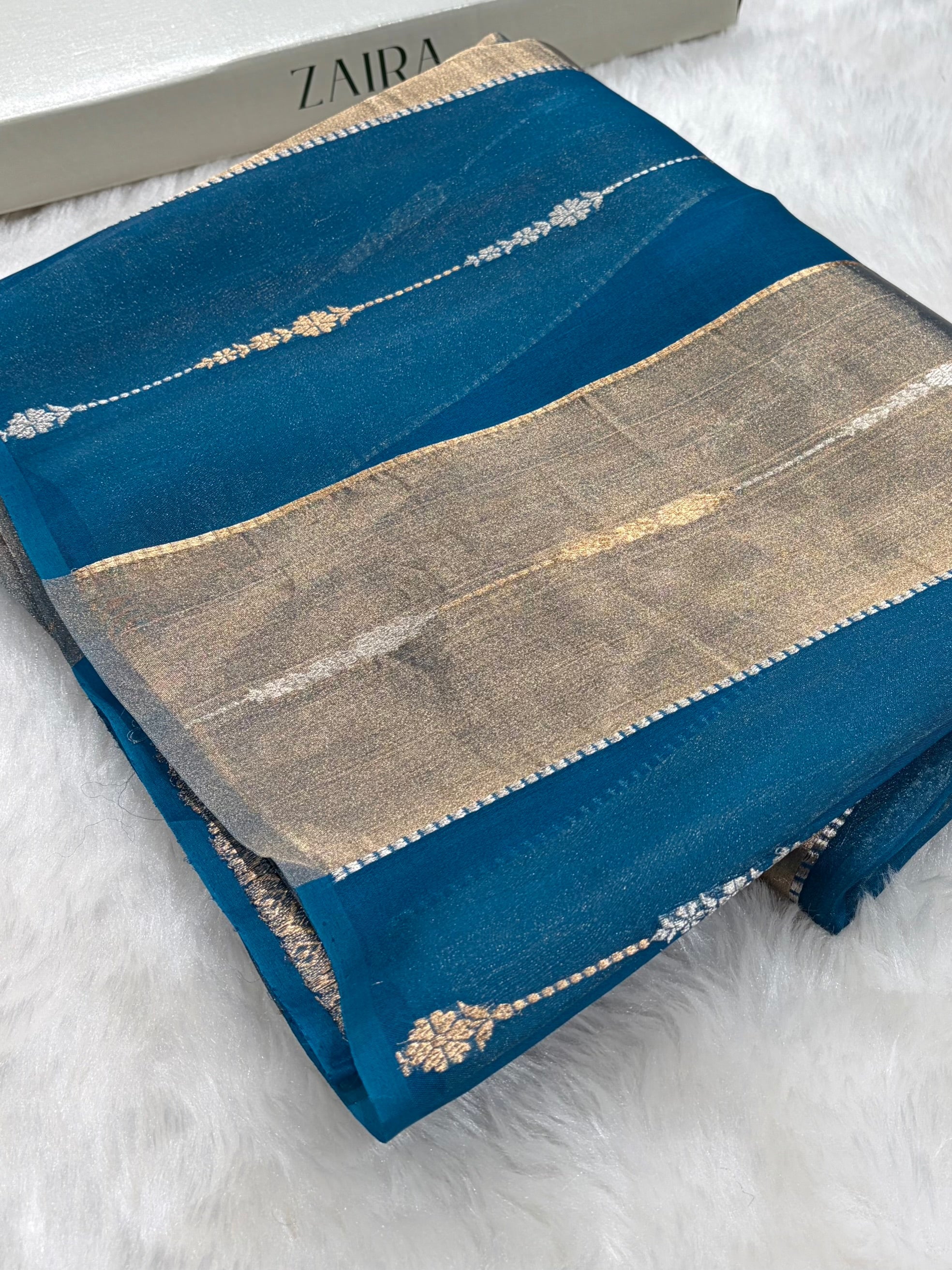 German Blue Tissue Organza Bananasi Floral Shades Pure Tissue Silk Saree