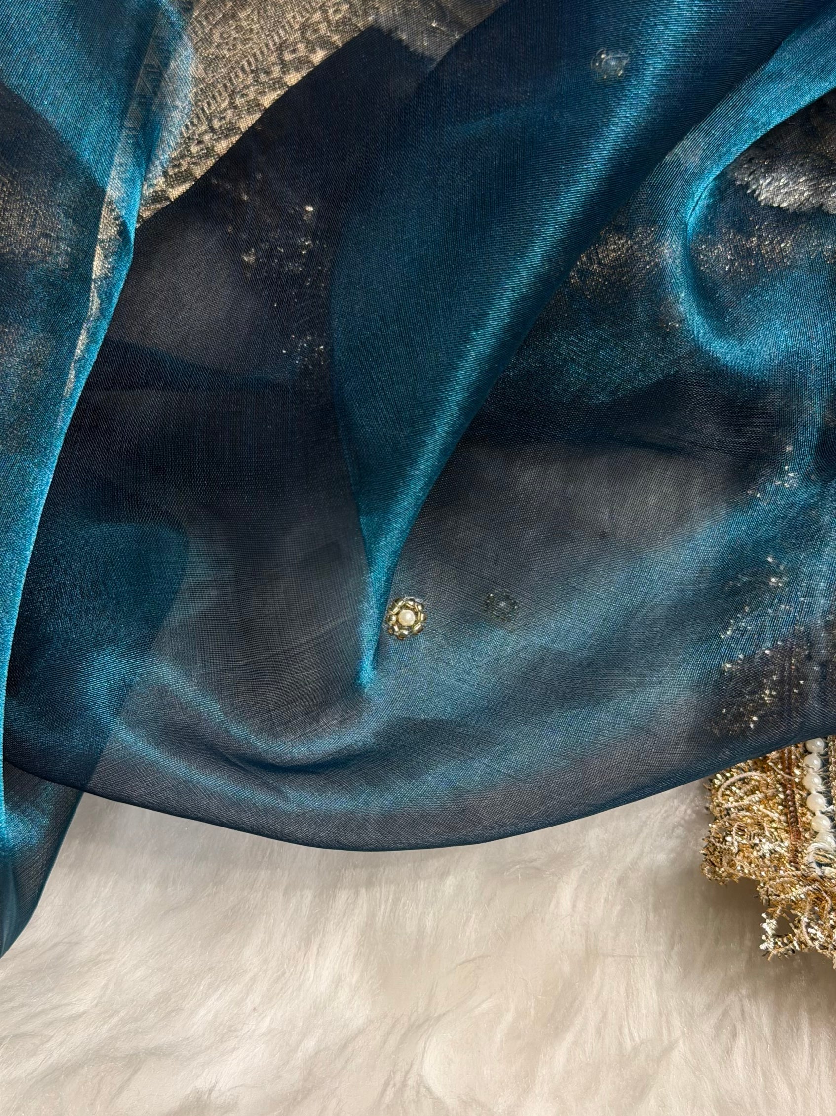 Bottle Blue Shade Pure Tissue Silk Saree with Gota Patti