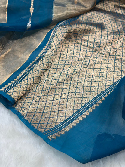 German Blue Tissue Organza Bananasi Floral Shades Pure Tissue Silk Saree