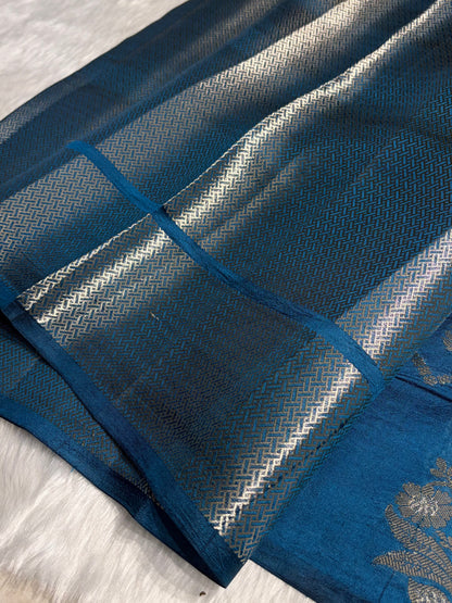 German Blue Boota Caramel Silk Saree